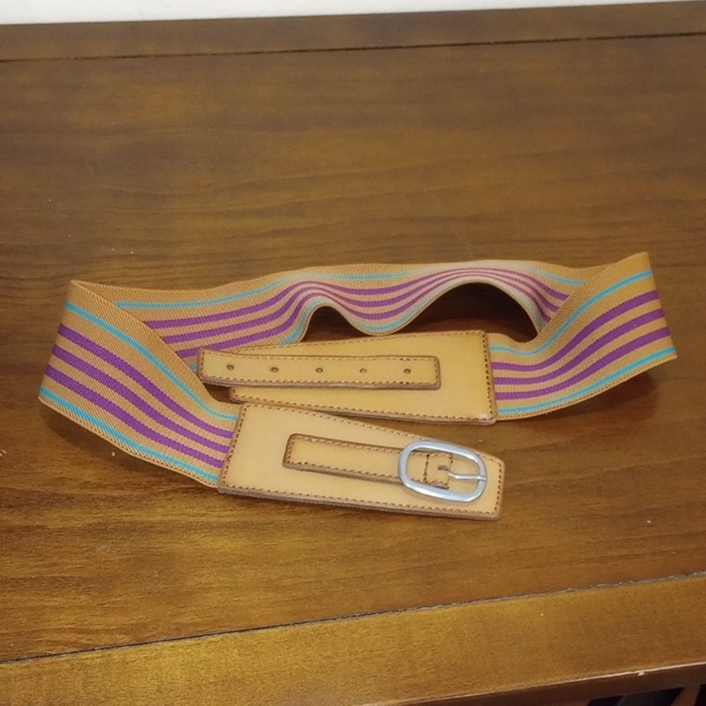Linea Pelle LP 2.5" Wide Striped Elastic Belt With Leather Buckle, Size M